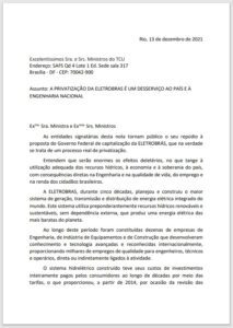 Nota sobre a Privatização da Eletrobrás capa carta tcu privatizacao eletrobras