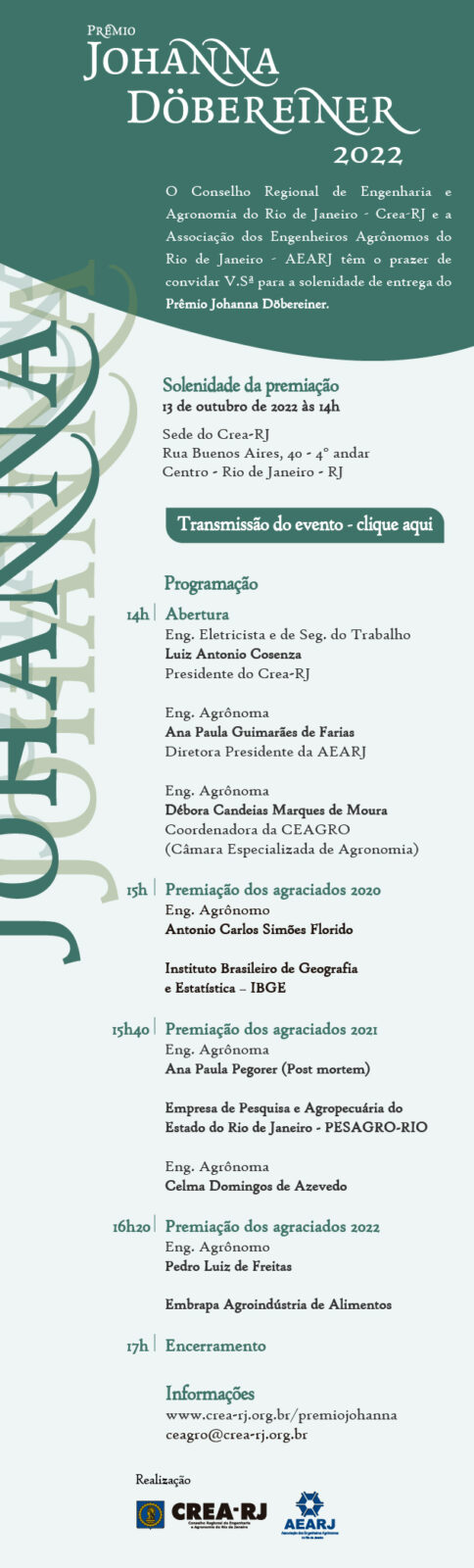 Crea-RJ homenageia com o Prêmio Johanna Döbereiner os destaques na área da Agronomia copia de eflyer premio johanna dobereiner programacao 2022