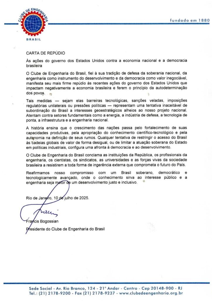 O Clube de Engenharia do Brasil divulgou hoje uma carta de repúdio às medidas anunciadas pelo presidente dos EUA, Donald Trump 1 O Clube de Engenharia do Brasil divulgou hoje uma carta de repúdio às medidas anunciadas pelo presidente dos EUA, Donald Trump whatsapp image 2025 07 10 at 7.26.54 pm whatsapp image 2025 07 10 at 7.26.54 pm