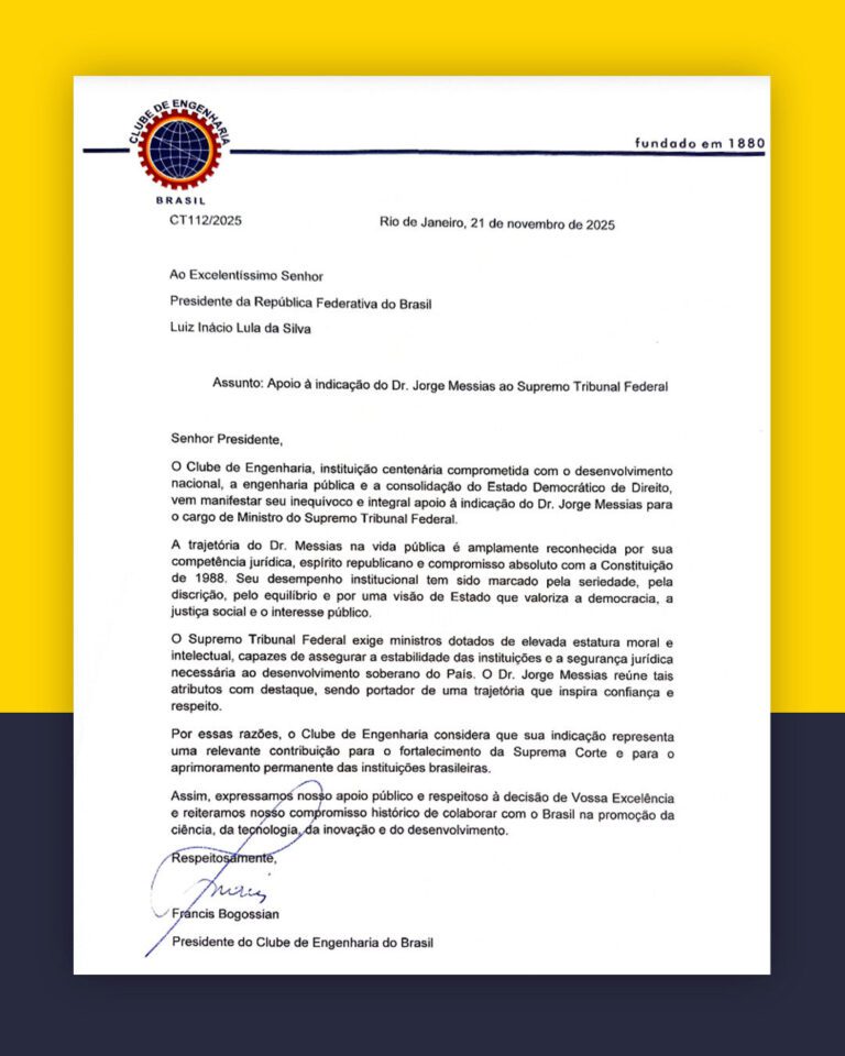 Clube de Engenharia clube de engenharia do brasil manifesta apoio a jorge messias para stf clube de engenharia do brasil manifesta apoio a jorge messias para stf