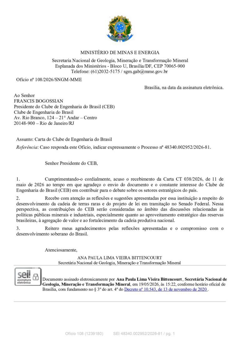 Clube de Engenharia governo lula responde a carta do clube de engenharia do brasil sobre terras raras governo lula responde a carta do clube de engenharia do brasil sobre terras raras