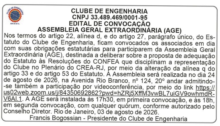 Clube de Engenharia edital de convocacao assembleia geral extraordinaria age edital de convocacao assembleia geral extraordinaria age
