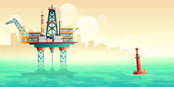 Oil platform in open sea. Oil extraction, fuel production industry offshore drilling rig in ocean with metropolis skyline, skyscrapers silhouettes in morning fog cartoon vector illustration, copyspace