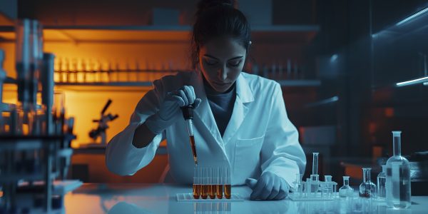 Female scientist in a white lab coat in gloves, holding and using the pipette to create test tubes filled with liquid inside laboratory glassware on table, against backdrop of advanced lab equipment and shelves displaying various medical supplies. The lighting is soft yet focused, cold cyan and bright red-orange light, orange backlights, cinematic look that adds depth and realism to the scene, photorealism --s 50 --style raw --v 6.1 --ar 16:9